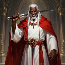 a highly detailed illustration of idris elba as a sadistic white haired priest wearing red and white robe, dramatic smiling wielding blade of blood pose, gothic church background, intricate, elegant, highly detailed, centered, digital painting, artstation, concept art, smooth, sharp focus, league of legends concept art, wlop