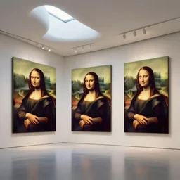 interior futuristic art gallery wide angle highly detailed by santiago calatrava, three wall hanging paintings famous pieces by davinci!, captivating 8 k hdr, octane render godrays hyperrealism
