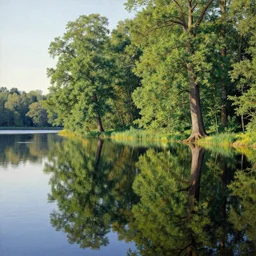escher painting of a lake, big trees reflecting on lake surface, ultra sharp, ultra detailed, colorized by salvador