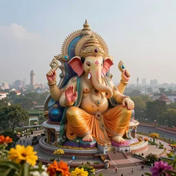 beautiful futuristic new delhi, sharp sci - fi ganesha!! building, kalighat flowers, highly detailed cinematic, stephen shore & john j. park, soft morning light, wide shot, high angle, uhd 8 k, rack focus