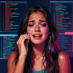 perfectly centered photograph of one beautiful instagram influencer crying lines of codes, detailed ambient lighting, hyper realistic, vibrant colors, cinematic, Pop art style, digital art painting by Keith Thompson, cinematic, 35mm grain filter, artstation