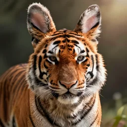 a tiger with bunny ears for a chin the tiger's chin is made of bunny ears, photo realistic, hyper relativistic, volumetric lighting, high particle effects