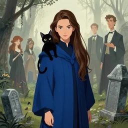 elegant concept art illustration of a young beautiful wizard with long brown hair and a black cat over her shoulders. blue robes. sharp focus. by greg rutkowski and alphonse mucha and adam hughes and clay mann, surrounded by graveyards