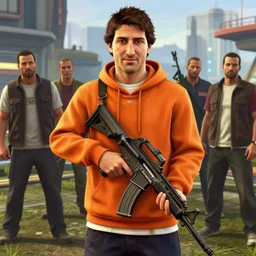 highly detailed portrait justin trudeau ( ( orange hoody rainbow socks ) ) holding ar - 1 5! in gta v stephen bliss unreal engine fantasy art by greg rutkowski loish rhads ferdinand knab makoto shinkai lois van baarle ilya kuvshinov rossdraws tom bagshaw global illumination radiant light detailed intricate environment