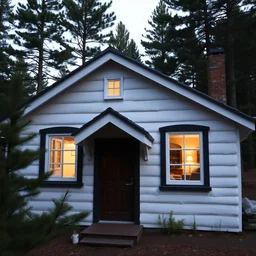 a white mountain cottage, surrounded by pine trees, 1 3 meters wide, two sided roof with shingle, two rooms on the left side of the house with one window each, dark brown main door next to a window that shows a living room inside