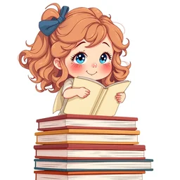 a little girl with wavy curly light brown hair and blue eyes sits on top of a tall pile of books, reading. clean cel shaded vector art. shutterstock. behance hd by jean giraud, artgerm, helen huang, by makoto shinkai and ilya kuvshinov, rossdraws, illustration, art by ilya kuvshinov