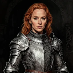 portrait of Gillian Anderson  dressed in intricate armor , detailed intricate ink illustration, dark atmosphere, detailed illustration, hd, 4k, digital art, overdetailed art, concept art, by greg rutkowski, by loish, complementing colors, Trending on artstation, deviantart
