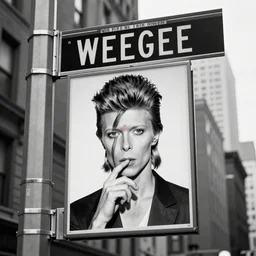 Emotional pictures of David Bowie printed on a New York street sign in the style of WEEGEE , 8k, b/w photorealistic imagery, trending on artstation, artstationHQ, artstationHD