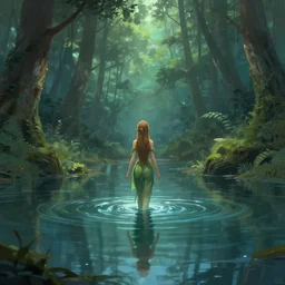 forest nymph rising from the water. view from behind, wide angle view, back view. digital art. trending on artstation.