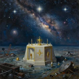 a beautiful painting of a large mystic altar in the middle of a nuclear sea, star and nebulas in the sky, moebius, thomas cole, patrick markle, oil kn canvas, 8 k, 4 k, highly detailed