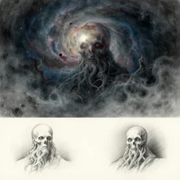 lovecraftian horror, lovecraft, moody, lighting study, cthulhu, galactic nebula, volumetric fog, color study, cross hatching, shading study, dramatic composition, art fundamentals by rembrandt