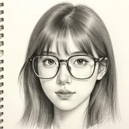 highly detailed pencil sketch portrait of a beautiful woman with eyeglasses that are way to vertically Lage for the cute face