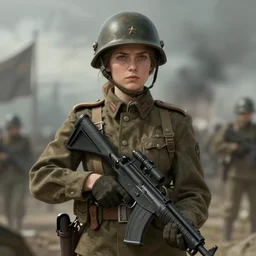 young female ww 2 soldier, digital art by greg rutkowski, intricate, sharp focus, cinematic, epic, artstation