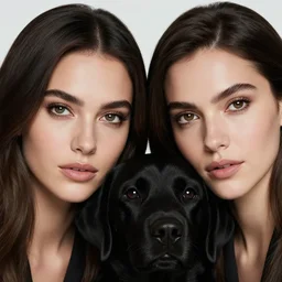 a close up of beautiful Estefania Villegas perfect face, next to her black labrador dog , symmetrical, 8K, octane render, 8K