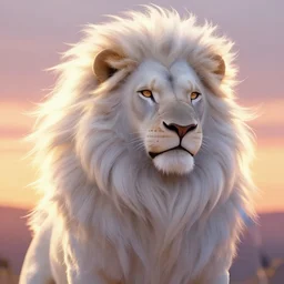 close up shot, detailed synthwave artwork of masculine furry white lion character with large glowing mane blowing in the wind from the sunsets backlight trending on artstation