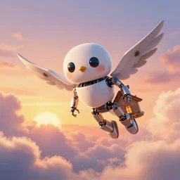 a robot house martin flying in the sky, sunset, mechanical cute bird, fluffy clouds, beautiful digital art, pixiv