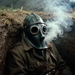 smoke,!!! colorized photo, wwi plague doctor mask over a dug out trench, dramatic light, zdzidaw, ultrafine, hyperrealistic, 3 2 k, 3 5 mm film still, movie