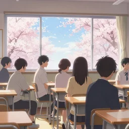 a beautiful picture of people in classroom, window, sakura, sky, anime, detailed, 8 k