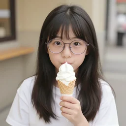 a cute girl with eye glass eating a ice cream