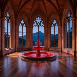 panorama open modern gothic room with wood floors symmetrical windows red water fountain with a view of a mountain at night detailed photorealistic cinematic lighting unreal engine