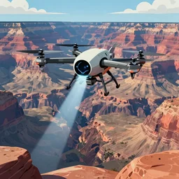 a detailed robotic ghost in the shell like drone flying above the great canyon, light rays, deep detailed rocks, cartoon style, concept art, illustration style, by leonardo da vinci, rtx hdr