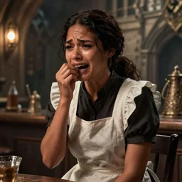 female tavern maid, crying, dark hair, tanned, beautiful, stunning, detailled, by luis royo, by pixar, by myazaki, game of thrones, gothic, final fantasy, fantasy, medieval