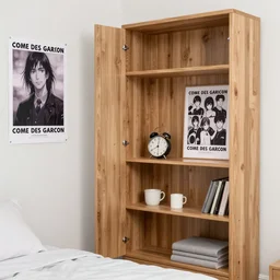 a hikikomori neets bedroom, wooden shelving, comme des garcon campaign, anime poster collection, computer monitors, messy, highly detailed # no filter, realistic