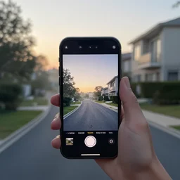 Beautiful cameraphone, soft liminal Photograph of an estate road, early morning, small flat/apartment