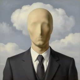 portrait of a faceless cloth - head man in a suit, clouds in the background, by rene magritte, detailed painting, distance, centered, hd, hq, high resolution, high detail, 4 k, 8 k