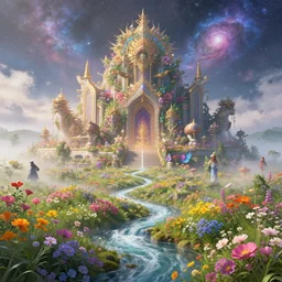 a large mystic shrine in a field of flowers, hiroshi nagai, john berkey, mad dog jones, breath - taking beautiful flowers, streams, nebula, and mist, an aesthetically pleasing, dynamic, energetic, lively, complex, intricate, detailed, well - designed digital art of magic, streams, flowers, and mist, early morning, light and shadow