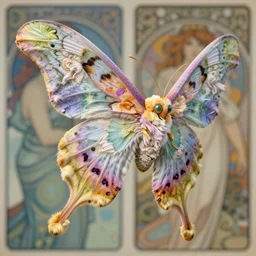 profile of a fuzzy, flowery, elegant, kaiju moth dragon, vibrant colours, highly detailed, blurred background, alphonse mucha, rhads, ross tran, artstation, artgem, octane render, 1 6 k