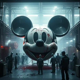 a giant mickey mouse head, factory floor, surrounded by factory workers, octane render, cgstation, 3 d render, very detailed, mindblowing, blood and guts, gritty, cyberpunk, cinematic lighting, hyper realism