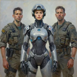 futuristic female soldier, proud, oil on canvas, by jeffrey catherine jones and enki bilal and winslow homer