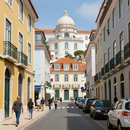Lisbon street city, hyperrealism, no blur, 4k resolution, ultra detailed, style of John Berkey, Norman Rockwell, Hans Thoma, Ivan Shishkin, Tyler Edlin, Thomas Kinkad