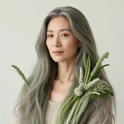 portrait of a middle aged artsy woman, avangarde, unique, artistic soul, nature, plants, wool, upper body, long hair, intricate, elegant, highly detailed, digital painting, artstation, concept art, matte, sharp focus, illustration, art by artgerm and greg rutkowski and alphonse mucha