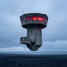an old robust concrete brutalist observation tower from ww 2 with red light coming from inside. the tower is floating above a icelandic beach, black sand beach, blue hour, cloudy day, watercolor, award winning, trending on artstation, cinematic