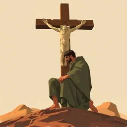 earth tone neutral palette, by anton fadeev darwyn cooke petros afshar beautiful graphic full body portrait, a man kneeling at the base of the christian cross, propaganda poster art 1 9 7 0 s illustrated advertising art, painterly character design limited palette