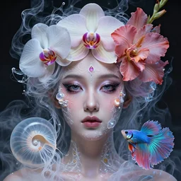 3 d close - up portrait of the goddess face in midsommar style mixed with jellyfish phoenix bird giant orchid flower and giant gladiola betta fish, intricate, elegant, surrounded by smoke and water energy flow. translucent nautilus, highly detailed, by wlop, tooth wu, greg rutkowski, alena aenami