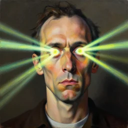 painting portrait of a crazy man shooting fluorescent light rays out of his eyes, matte painting, close up, masterpiece, by Francis Bacon