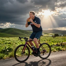 mark rutte on a bicycle eating a hamburger