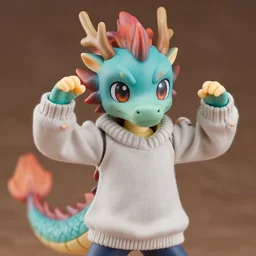 complete figure of dragon wearing comfy sweater, scales, personification, tsurime eyes, tareme eyes, eyes by kon satoshi, ^. ^ eyes, dynamic pose, amiami, aniplex, kotobukiya, beautiful composition, 4 5 mm lens, focal length 2, hdr, eye - level shot