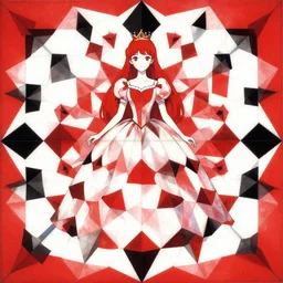 album cover art for large princess in front of tessellations red white black polygons by akihiko yoshida
