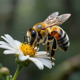 super macro of a bee with cybernetic body drinking from a flower in the forest. fantasy magic style. highly detailed 8 k. intricate. nikon d 8 5 0 3 0 0 mm. award winning photography.