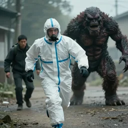 cinematic film footage of a man in a hazmat suit being chased by a monster