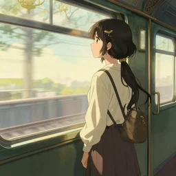 a girl is standing in a train looking out the window, a storybook illustration by hidari jingoro, featured on pixiv, art nouveau, pixiv, steampunk, official art