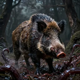 wild boar, sticky and grease, liquid, raging in dark forest, evil fluids, toxic clouds, darkness, fly particles, tentacles, akihiko yoshida, james jean, andrei riabovitchev, marc simonetti, digital illustration, greg rutowski, high key lighting, volumetric lighting, digital art, highly detailed, intricate, ornate, complex, octane render, photorealistic