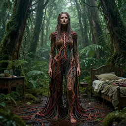 rgb, woman, woods, rainforest, movie scene, inspired by zdzislaw beksinski, clothes made out of veins,, cables everywhere, bedroom, ultra realistic, concept art, intricate details, highly detailed, photorealistic, octane render, 8 k