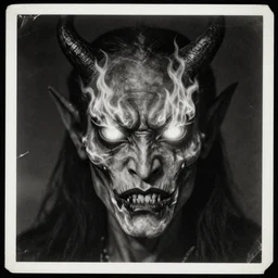photo of demon with fire in eyes, old vintage photography, black and white, damaged photo, film artifacts, scratches, tears, hyperrealistic, ultra detailed, 4 k