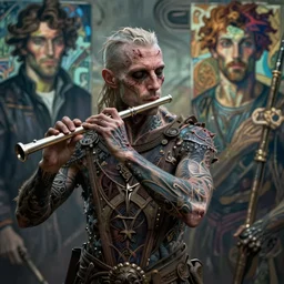 necromancer playing a flute, scars and veins and intricate tattoos , by Emil Melmoth, Mikhail Vrubel, Ed Roth, high detail, cinematic