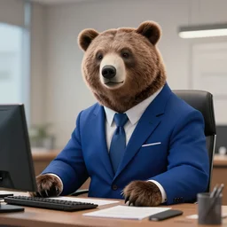 epic professional digital art of a bear in a blue professional business suit, sitting at a desk,, best on artstation, cgsociety, wlop, Behance, pixiv, astonishing, impressive, outstanding, epic, cinematic, stunning, gorgeous, much detail, much wow,, masterpiece.